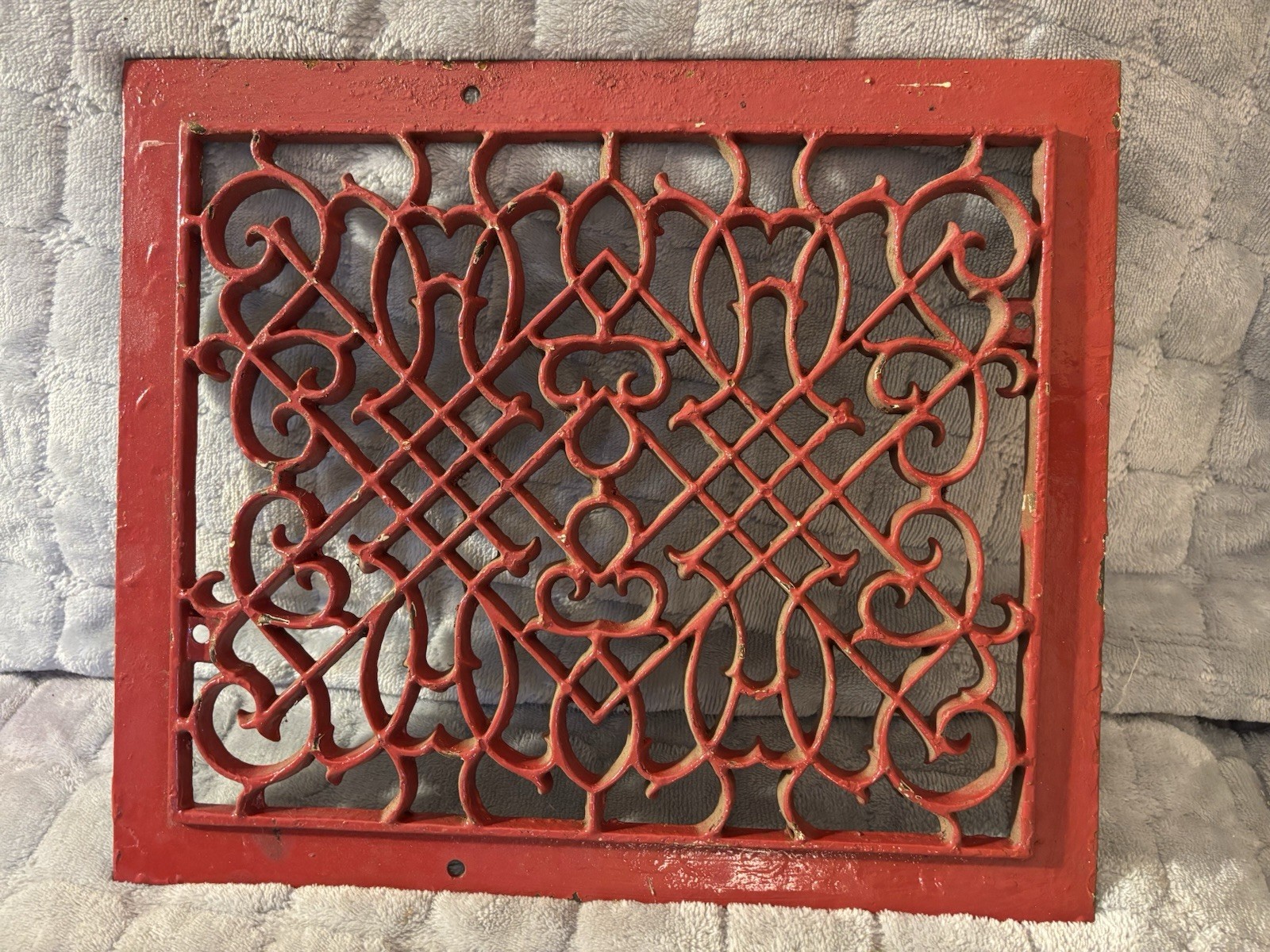 Ornate Antique Victorian Cast Iron Heating Grate Red 19th Century 14”x12”