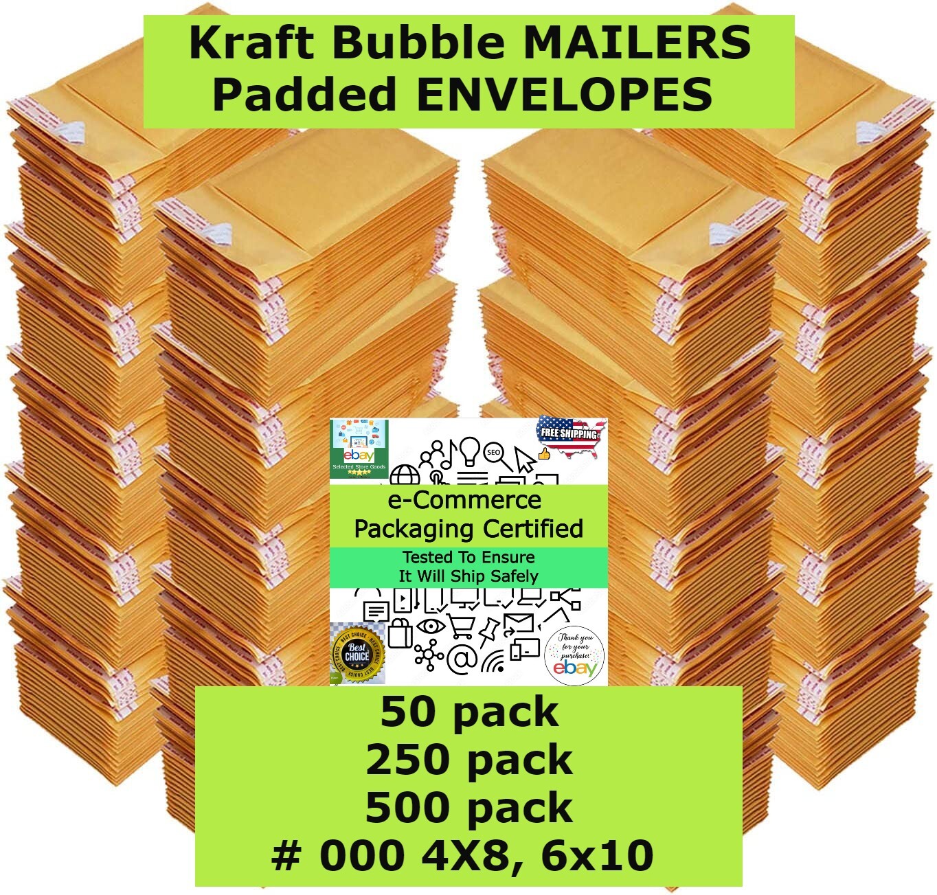 500, 250, 50 # 000 4X8, 6x10 Kraft Bubble MAILERS Padded ENVELOPES Improved