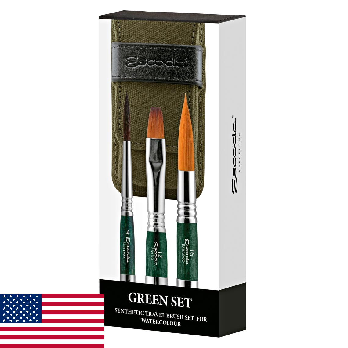 Escoda Watercolour Green Travel Set 3 Brushes: Tendo, Tame - Sizes 4, 12, 16