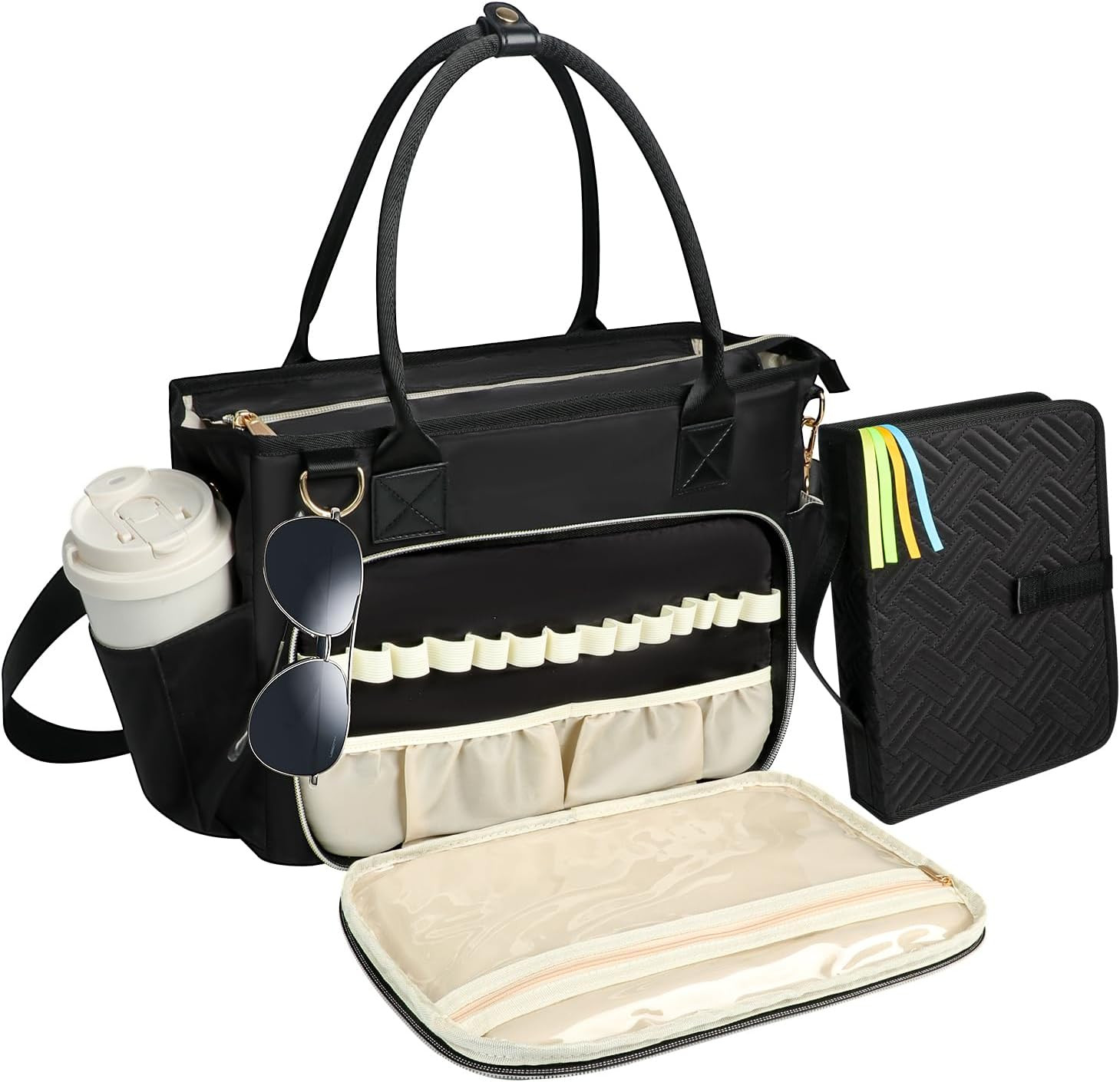 Quilted Bible Tote Bag with Laptop Compartment and Pen Slots for Women, Black