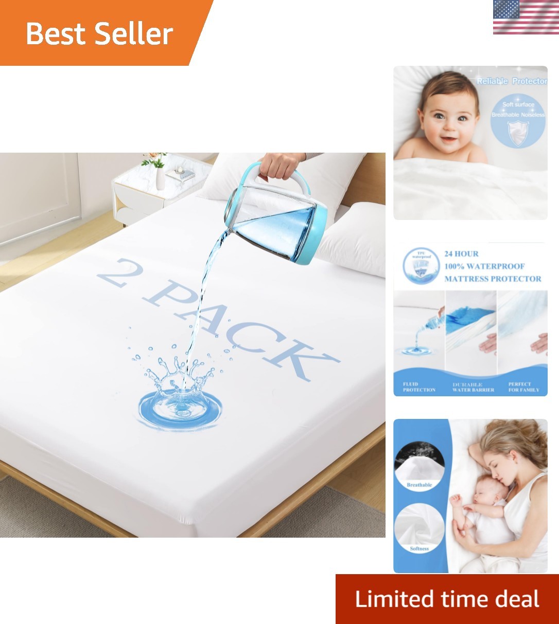 2 Pack Twin Size  Waterproof Mattress Protector, Soft Breathable Mattress Pad...