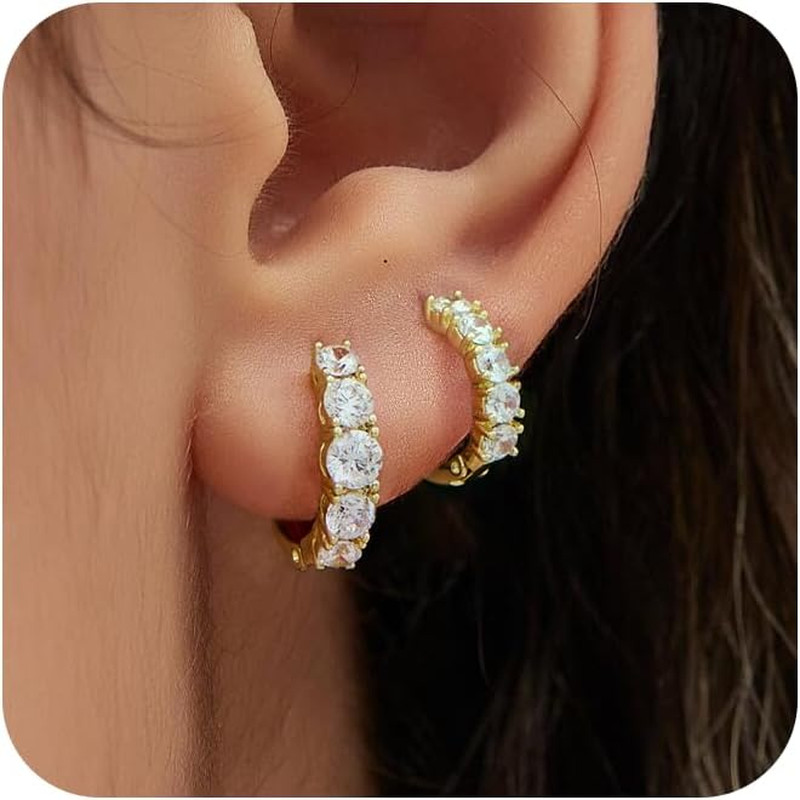 Gold Hoop Earrings for Women 14K Gold Plated Cubic Zirconia Huggie Earrings 2Pai