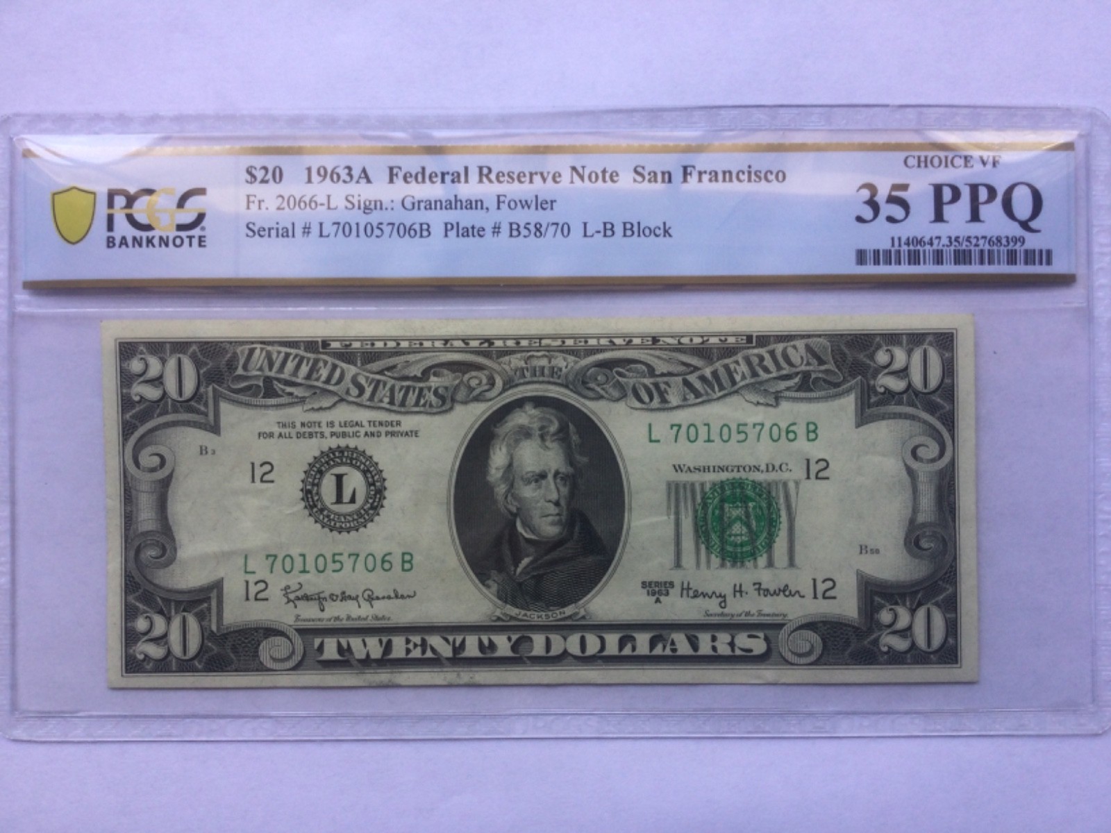 1963A San Francisco $20 Federal Reserve Note PCGS- 35 PPQ Choice Very Fine