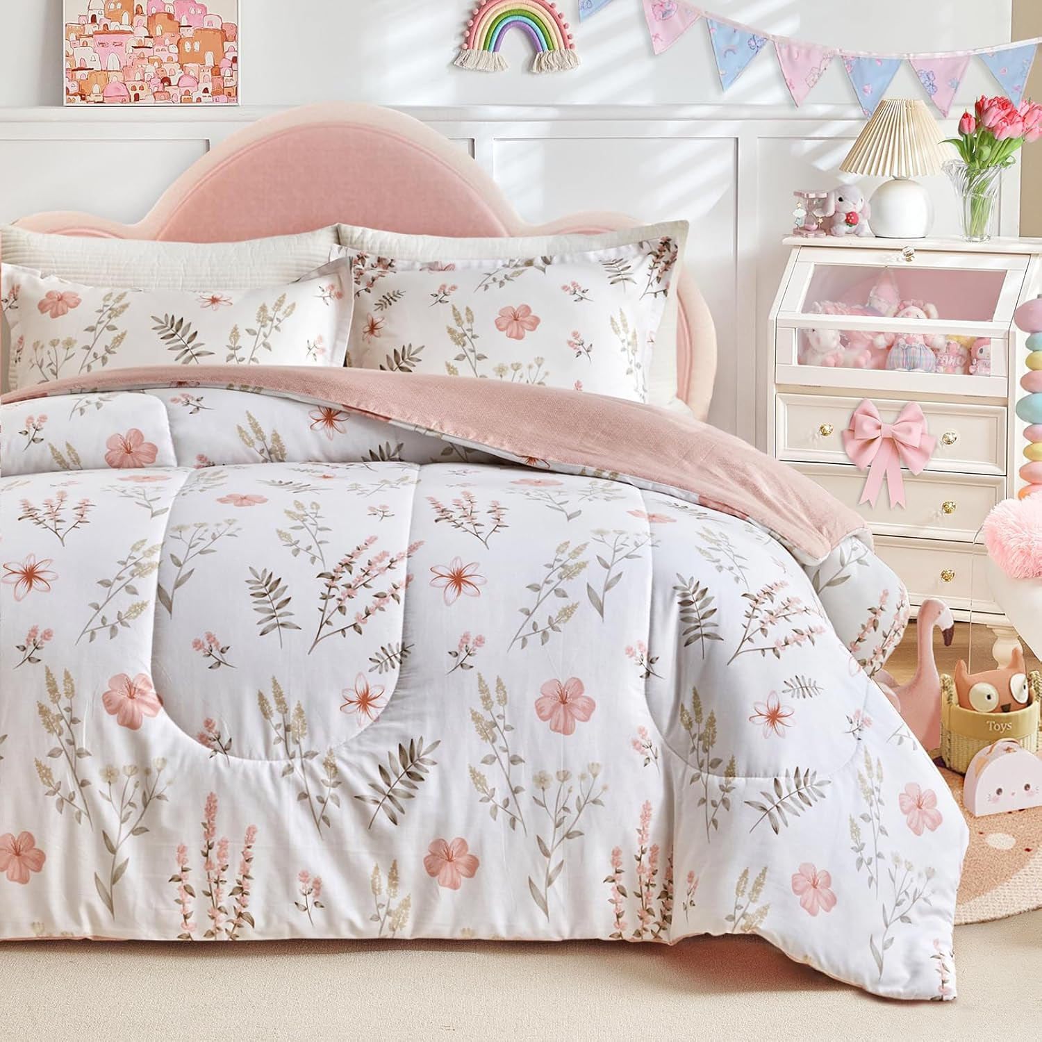 3Pcs Floral Cotton Comforter Set for Girls, Pink Flowers N Leaves Botanical Desi