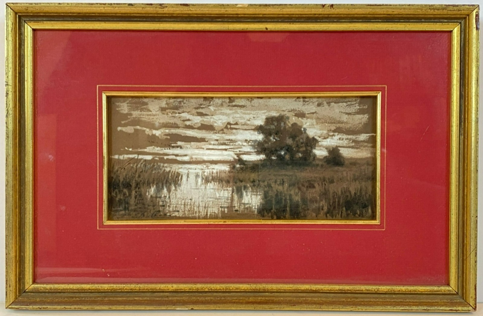 Antique Landscape Painting Russian Irena Velkova Artist Matted Framed Marshes