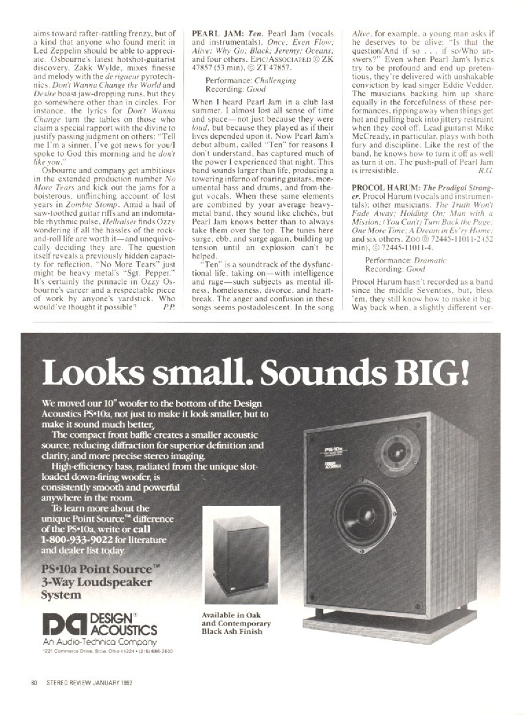 Design  Acoustics - PS-10a Speaker - Original Magazine Ad - 1992