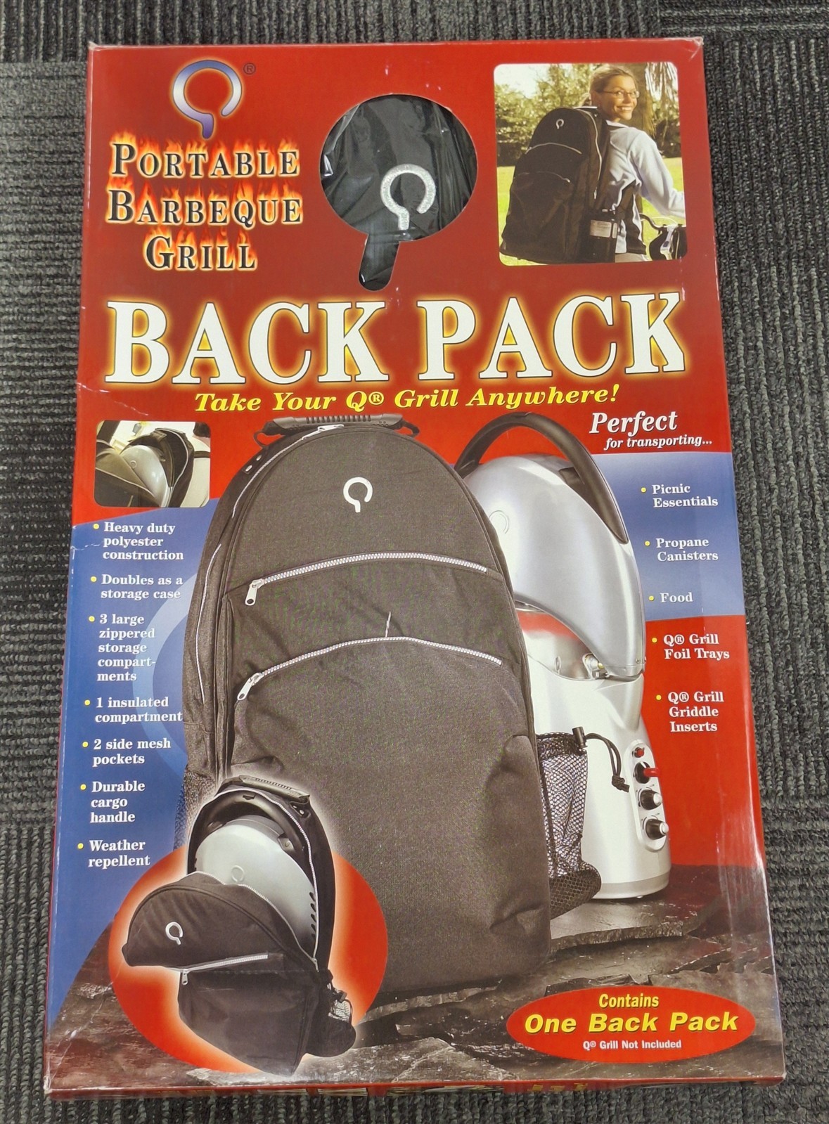 Q Portable Barbeque Grill-Backpack Bag NOS Picnic Camping Tailgating (NO GRILL)