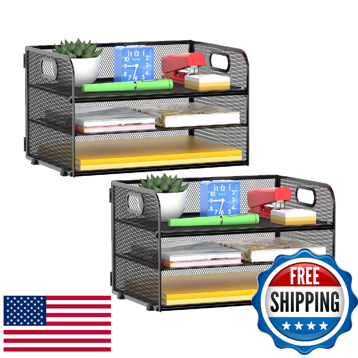 MINDEPOT 3-Tier Paper Letter Organizer Tray with Handle, Mesh Desk File Organize