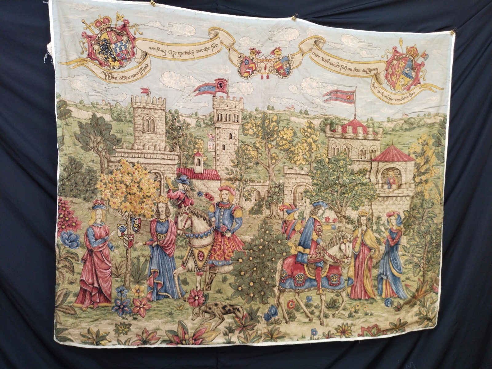 vintage french medieval painted tapestry Aubusson style tapestries wall hanging