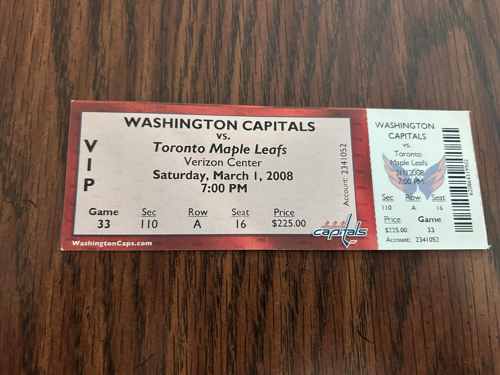 WASHINGTON CAPITALS 2008 VERIZON CENTER, WASHINGTON, D.C. TICKET STUB