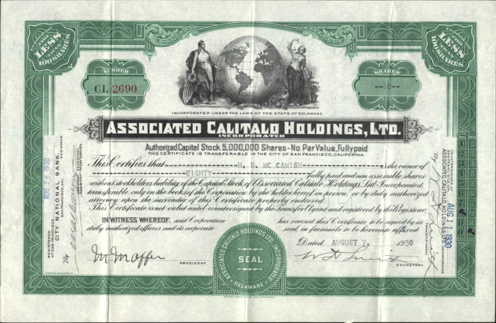 1930 ASSOCIATED CALITALO HOLDINGS, LTD. scarce vintage stock certificate CL-2690