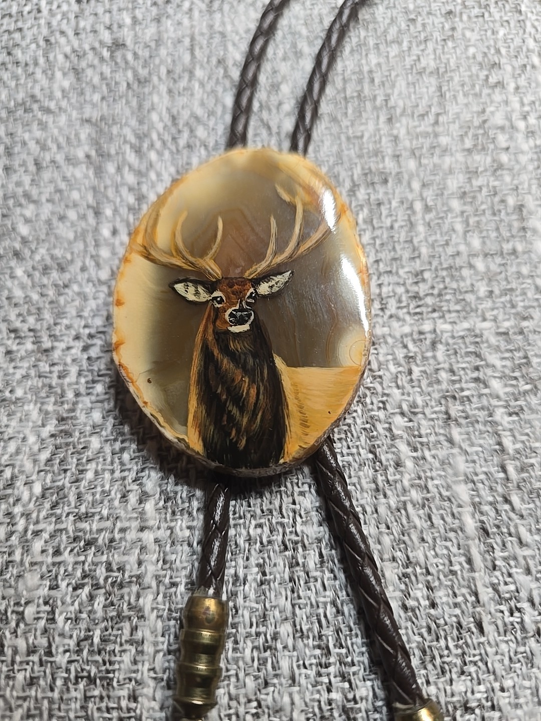 Bull Elk On Agate Slab  Western Style Bolo Tie