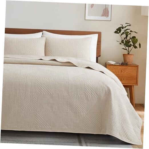  Quilt King Size with Pillow Shams, Summer Soft Geometric King(106"x96") Beige