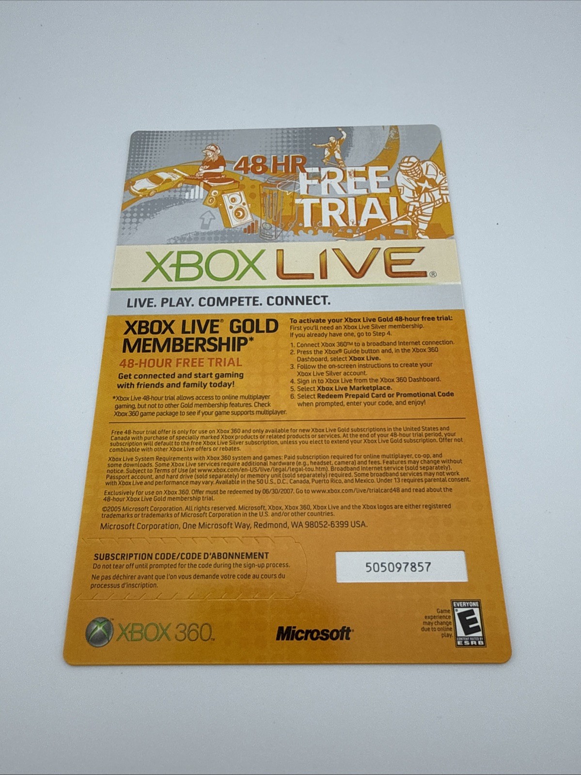 Microsoft Xbox 360 Live Free 48 Hour Trial GOLD Subscription Card UNUSED