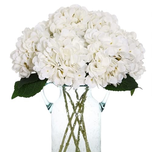  6pcs Faux Hydrangeas Fake Flowers Artificial Silk Hydrangea Flower With White