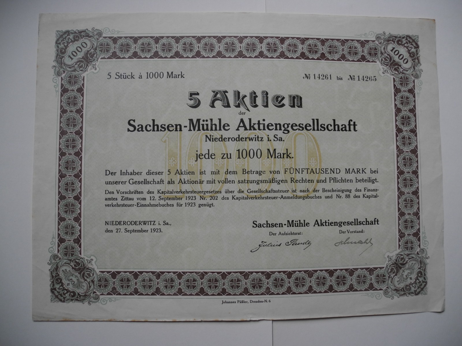 Saxony-Mühle/5 shares a' 1,000 Mark from 1923/unpunched/extremely rare
