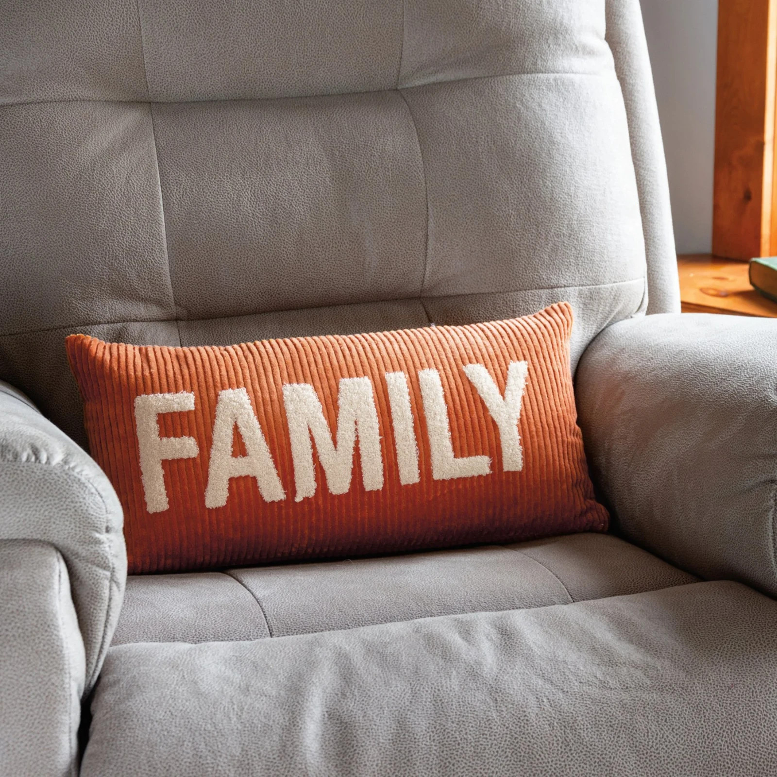 Rust "FAMILY" Lumbar Throw Pillow, corduroy, 20" x 10", Primitives by Kathy, NWT