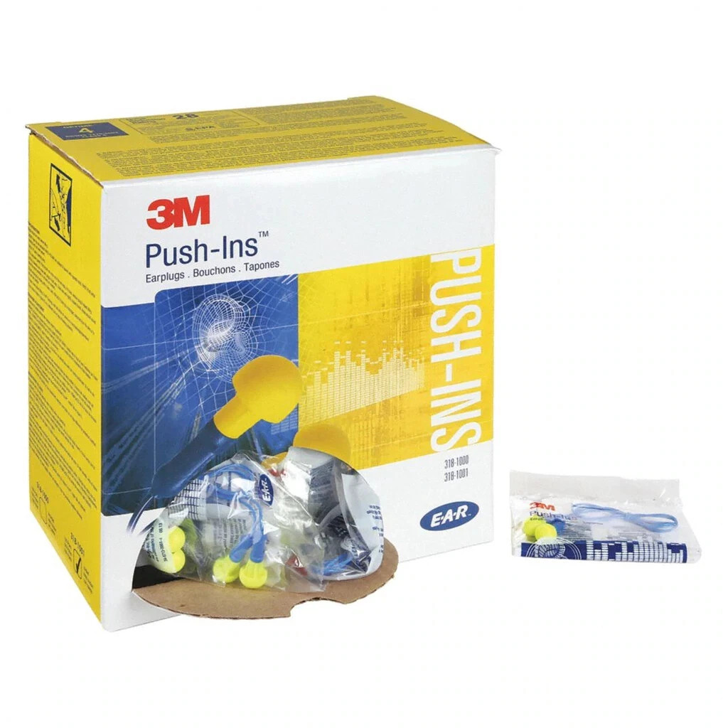 3M Push-INS Ear Plugs with Safety Cord 100 Pairs per Box 318-1000/318-1001