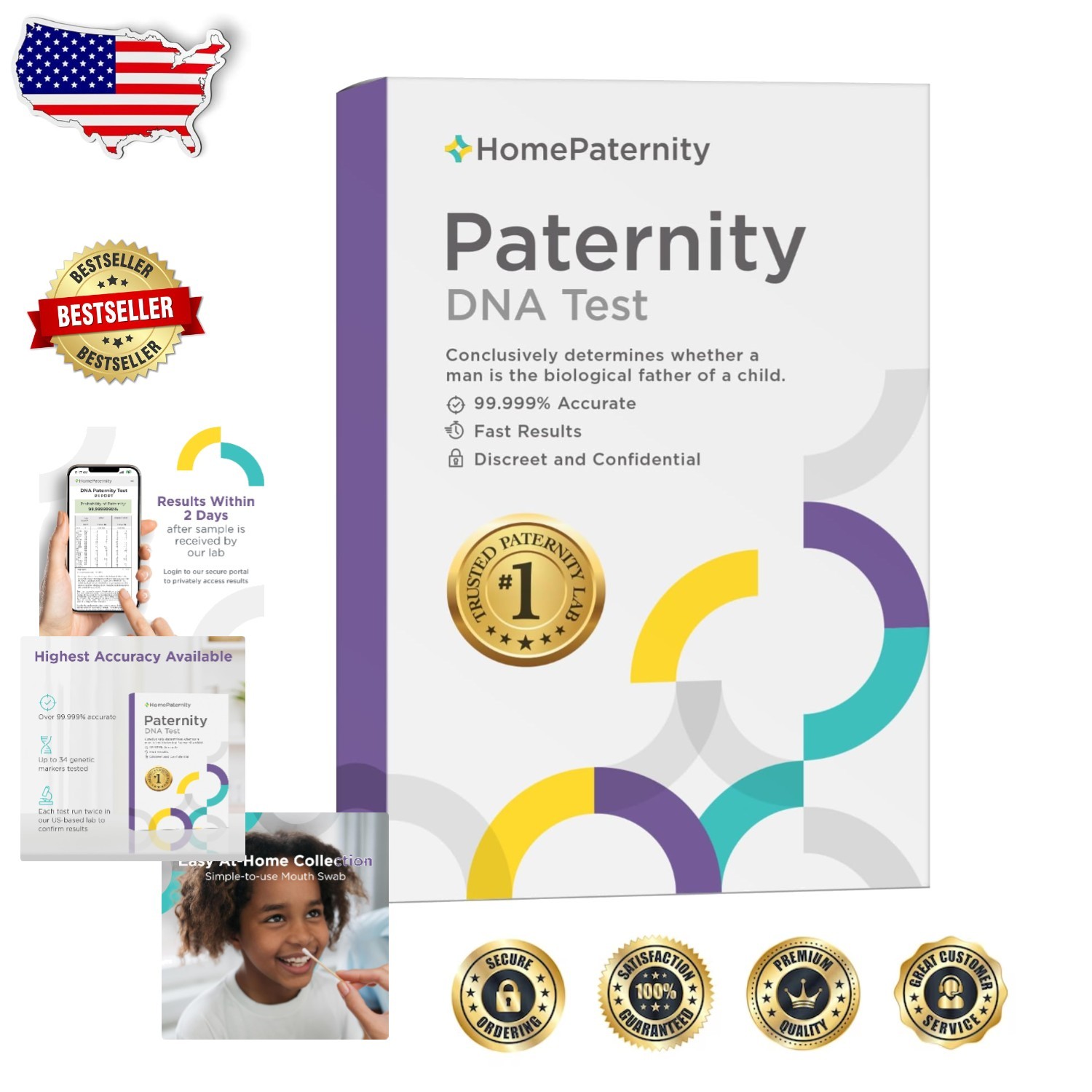 Accurate DNA Paternity  Kit: Child & Father, USPS Return, 99.999% Confidence