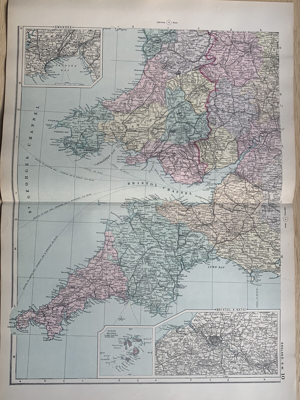 1891 Southwest England & Wales Hand Coloured Original Antique Map by G.W. Bacon