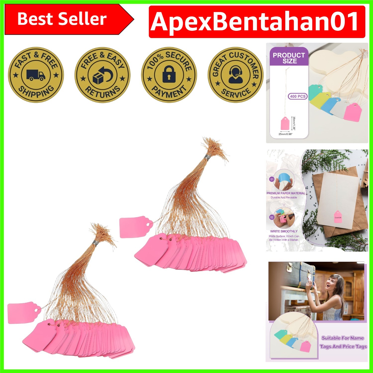 Bright Pink Waterproof Price Tags with String - 400 Pcs 25x35mm for Retail