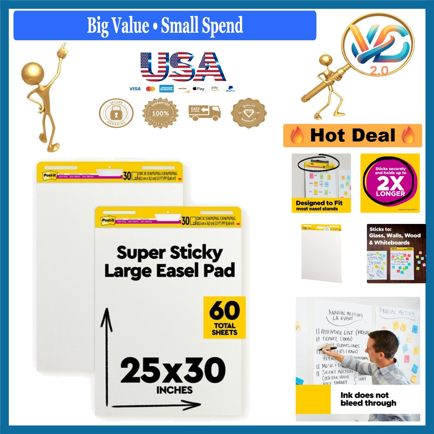 Super Sticky Easel Pad 25x30 in White 30 Sheets 2 Pack  Self-Stick