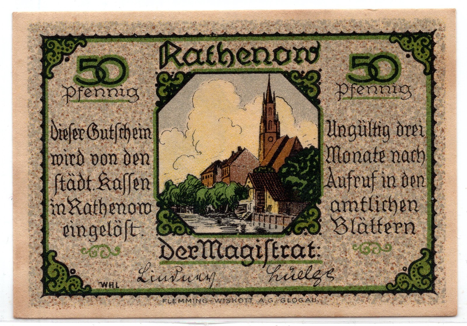 1921 Germany Rathenow Notgeld 50 Pfennig Note (3031)