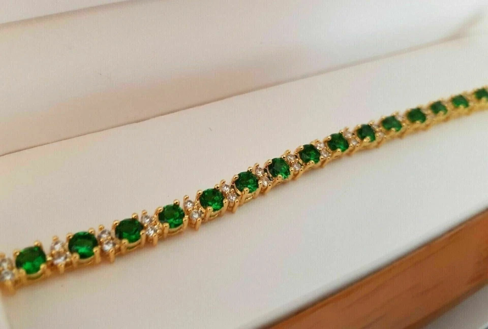 14k Yellow Gold Plated Lab Created 9Ct Round Cut Emerald Tennis Bracelet 7.25"