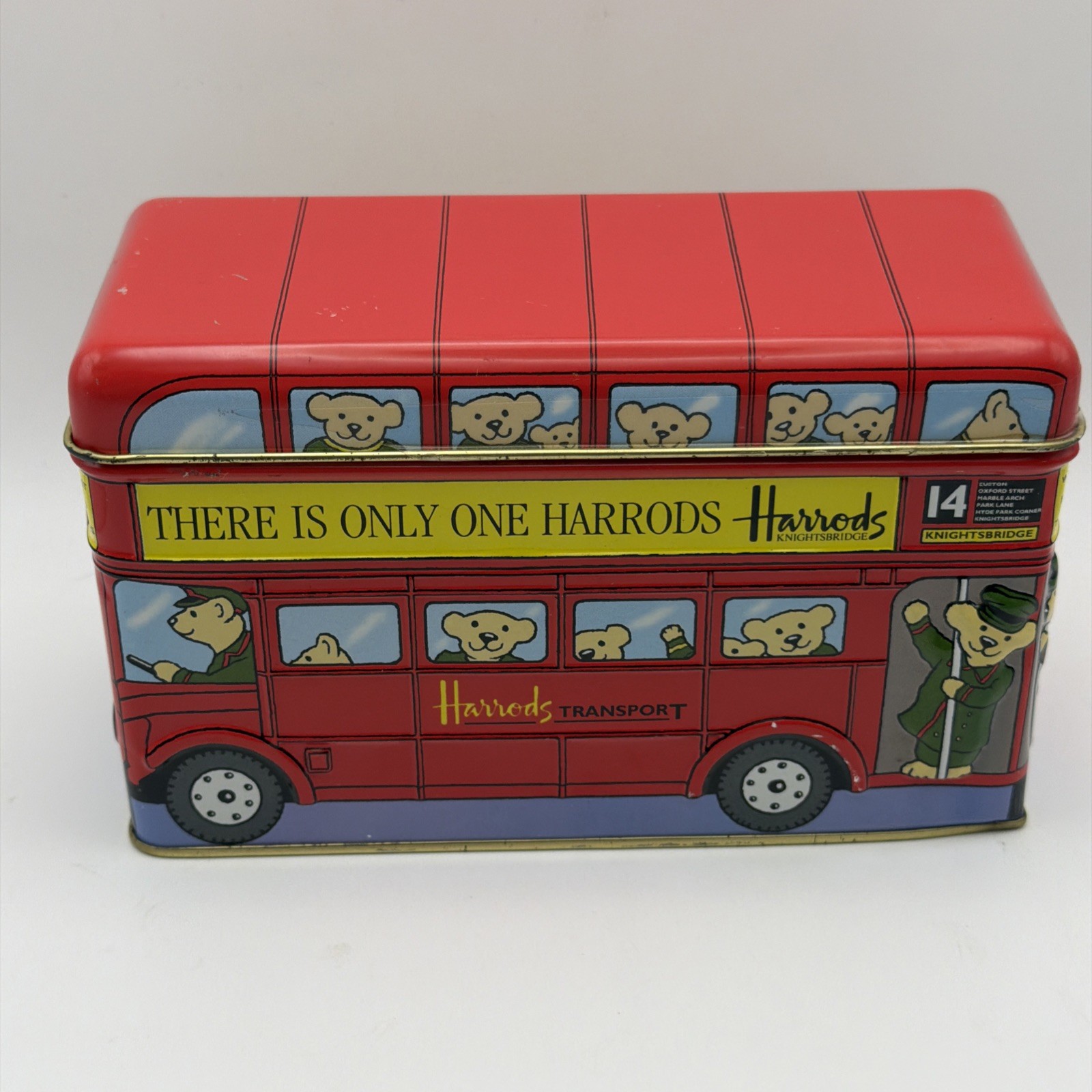Harrods London Bus Money Box  With Bear Graphics  Tin Collectible Tin Empty
