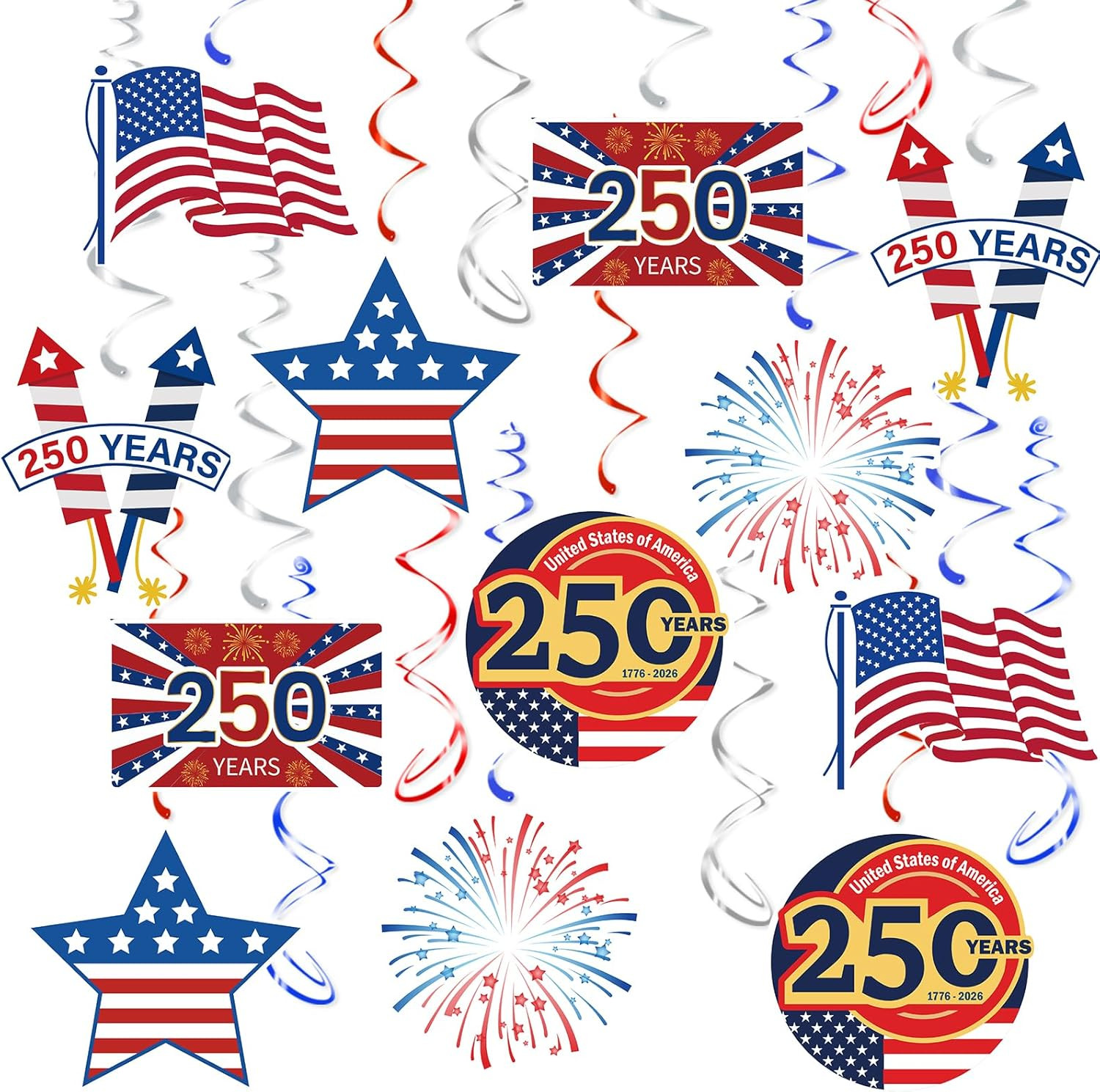 USA 250Th Anniversary Hanging Swirls, 30Pcs United States 250 Years Ceiling Stre