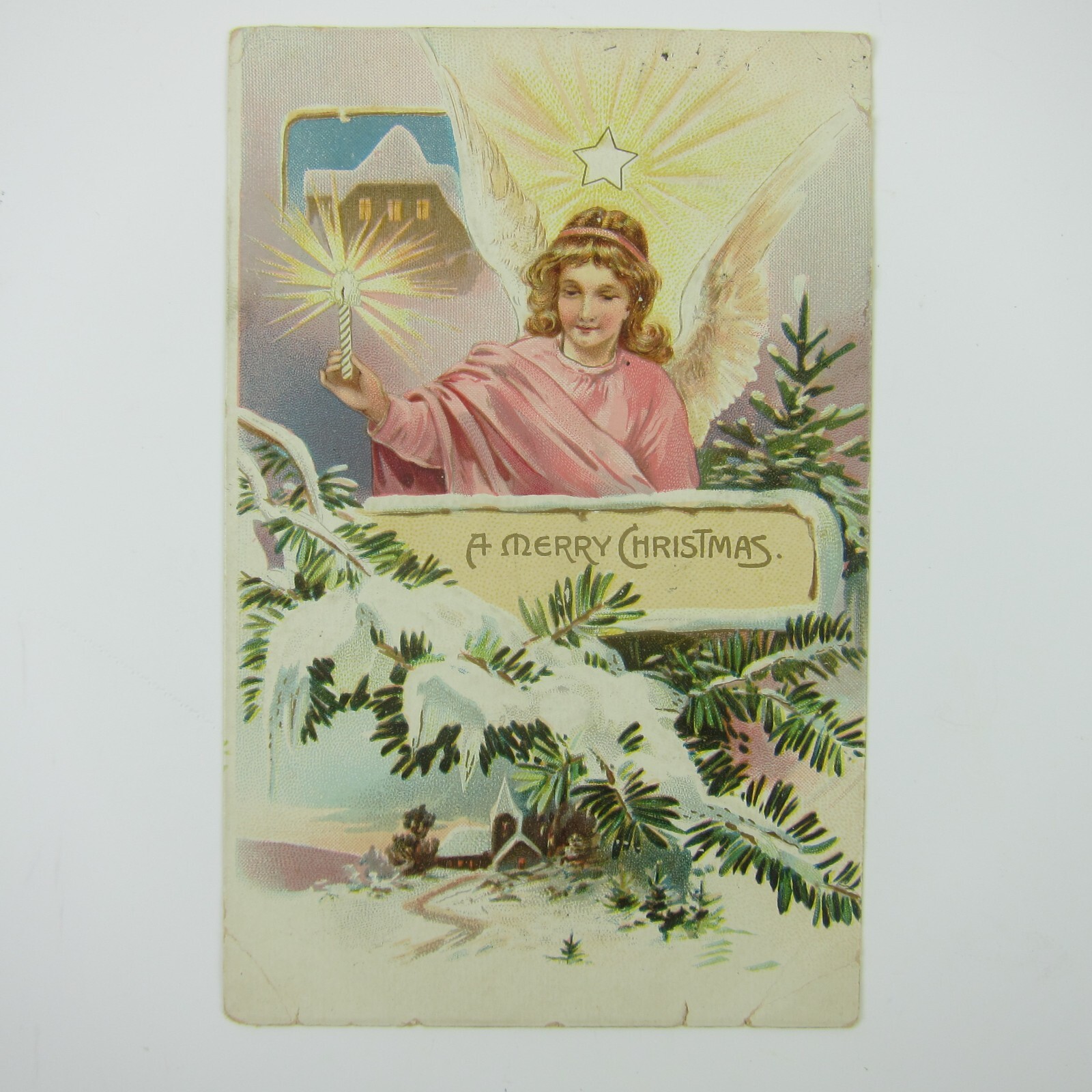 Christmas Postcard Angel Candle Snowy Tree Tuck Series 102 Embossed Antique