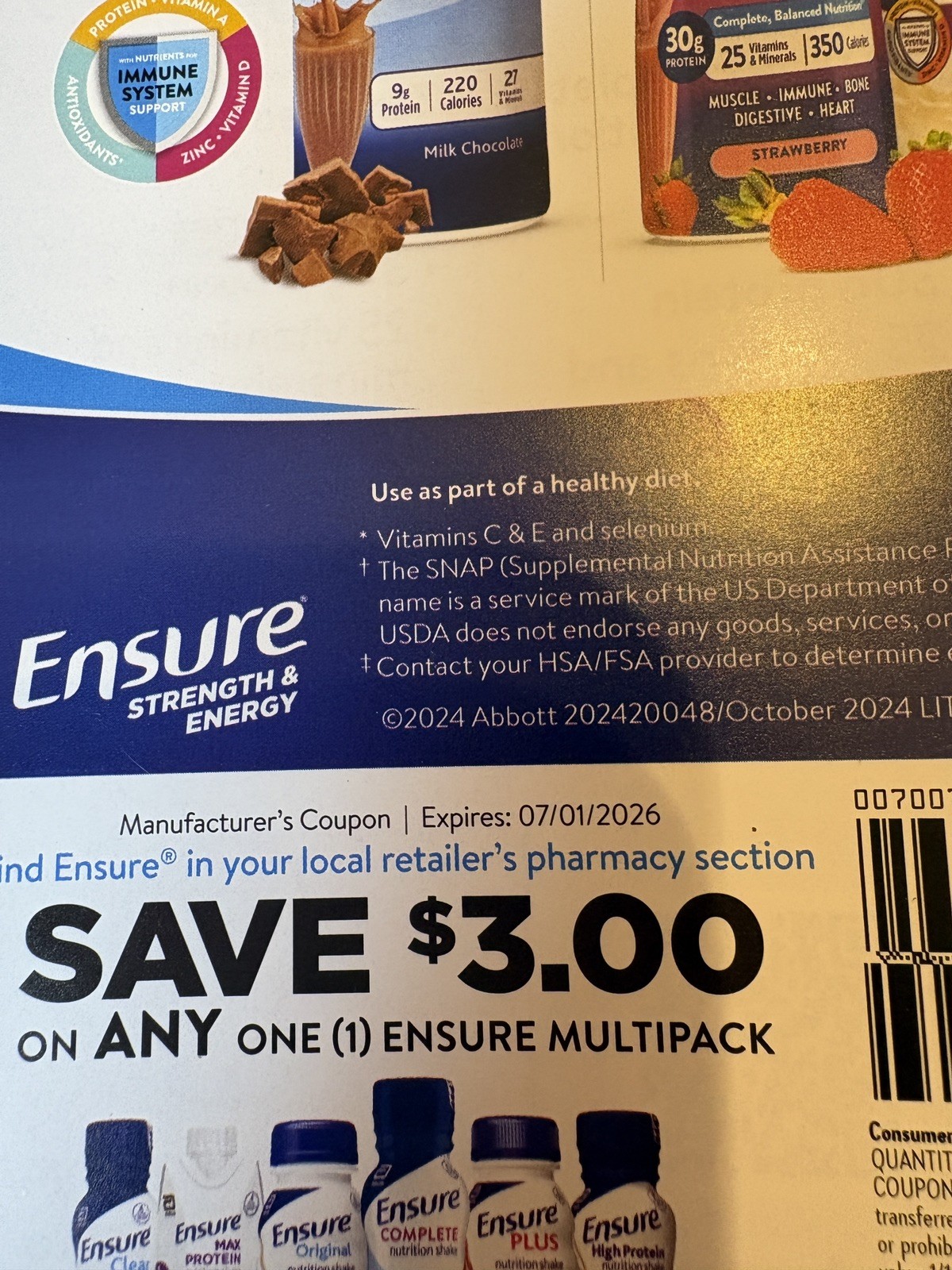 25 ENSURE COUPONS - SAVE $3.00 ON ANY ONE (1) ENSURE MULTIPACK EXP  07/01/2026