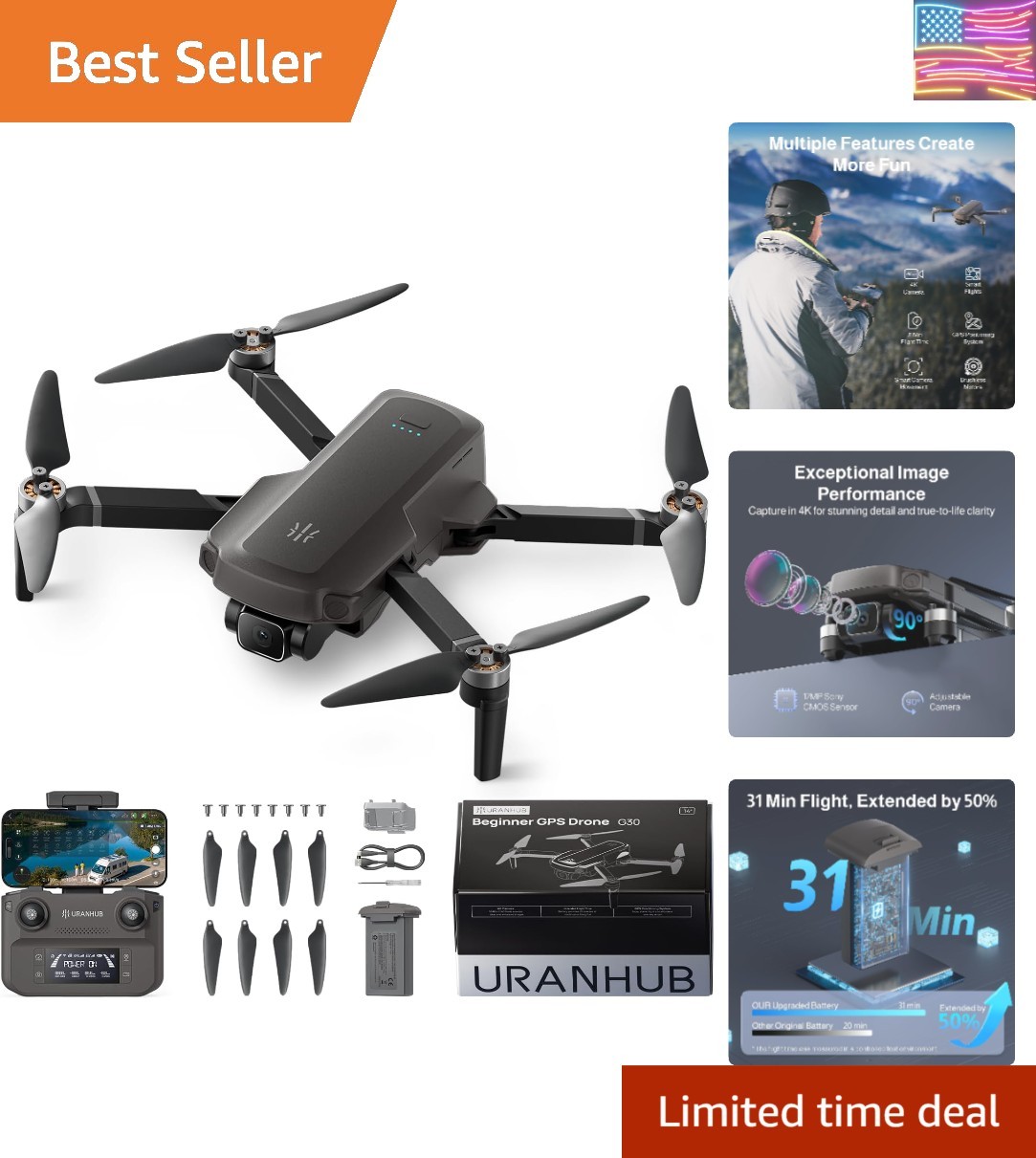 G30 Drones with Camera for Adults 4k, GPS Beginner Drones with Long Flight Ti...