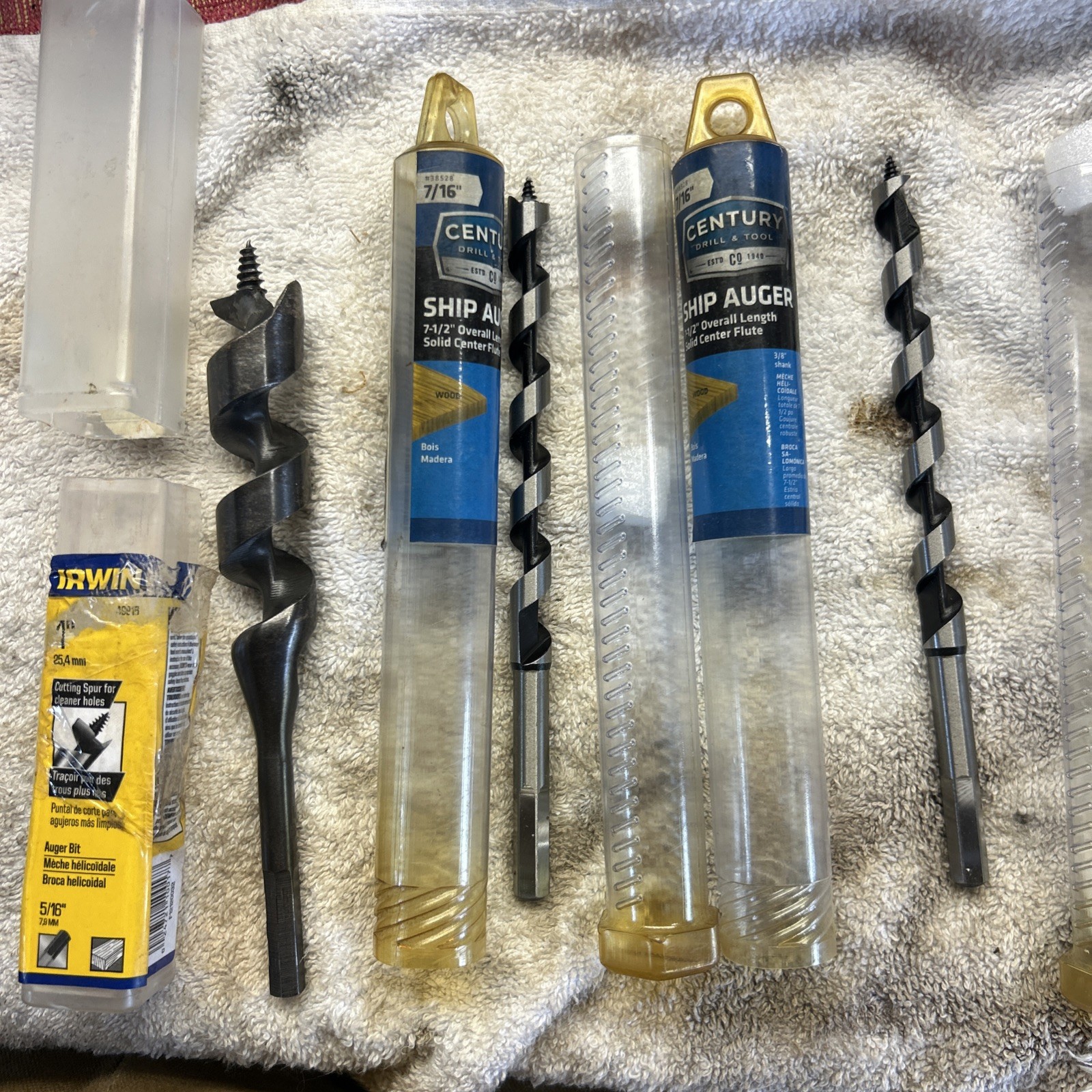 Century Drill Ship Augers 2 New 7/16” Bits and 1 Used 1” Bit.