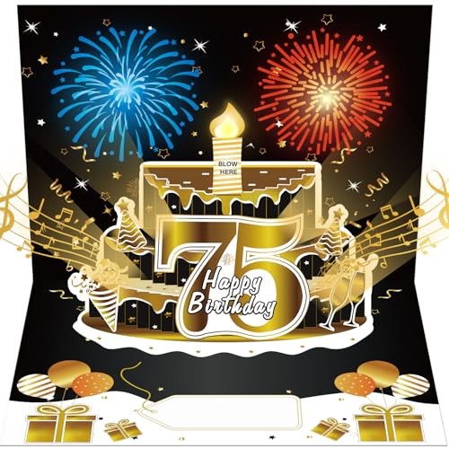 75th Birthday Cards Pop Up 3D Cake - Firework & Music & Blow Black Gold 75th