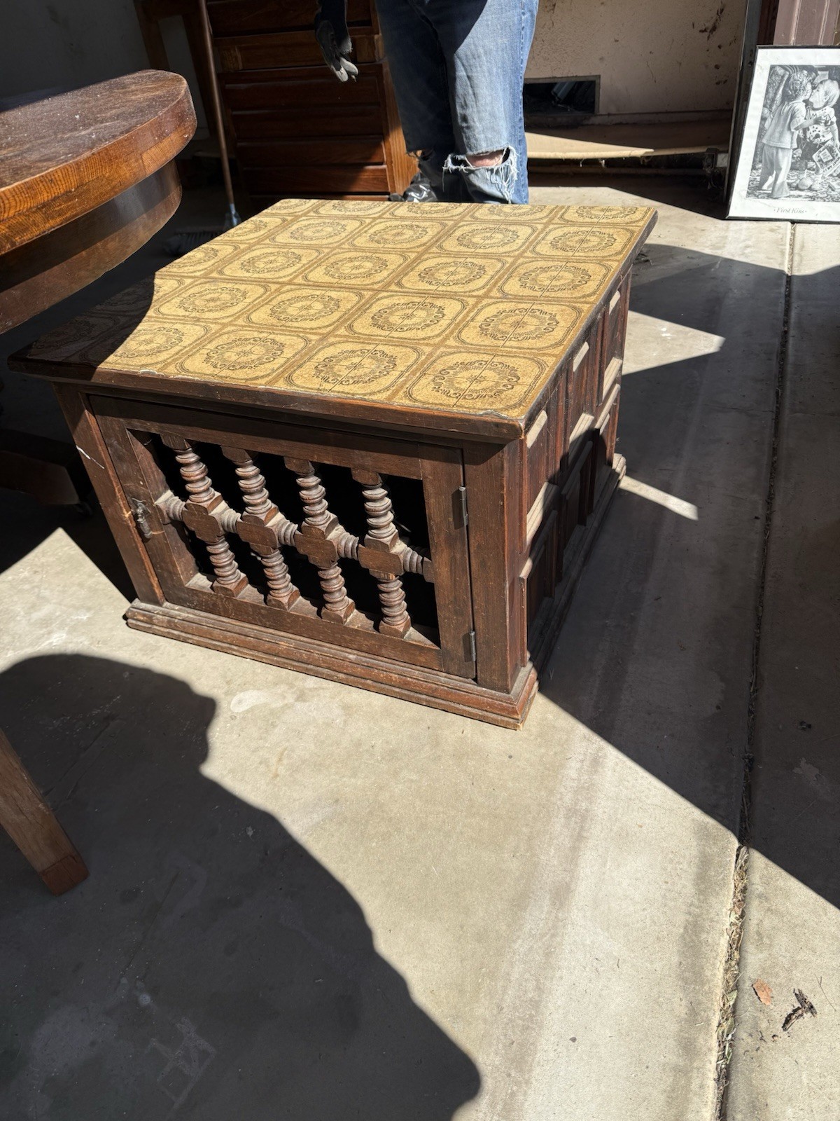 Antique Wooden Square Accent Table with Ornate Decorative Top