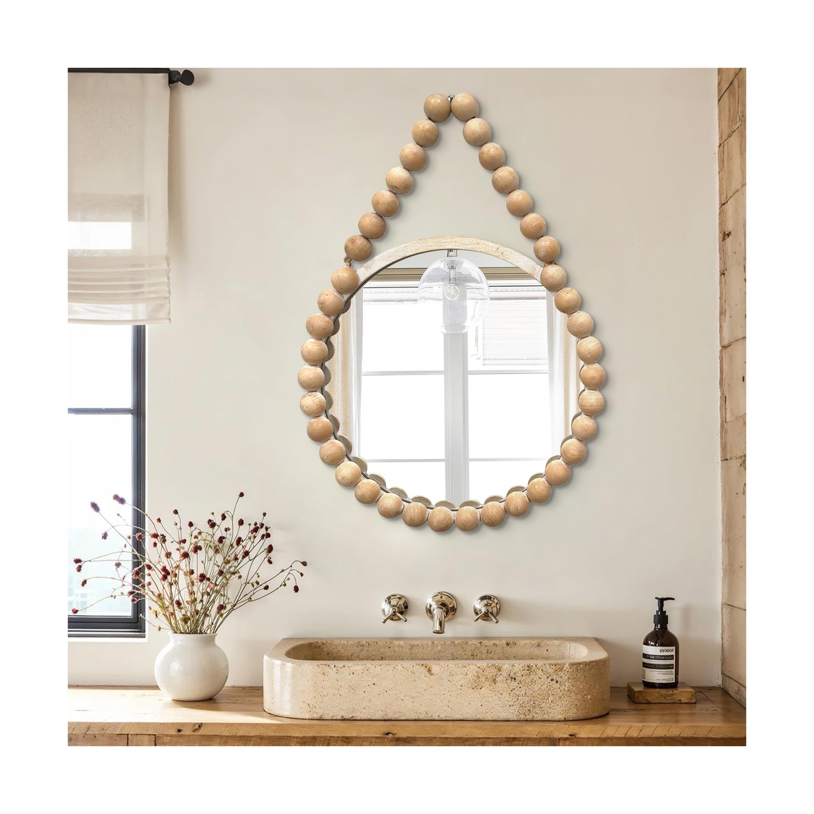 POZINO Wood Beaded Mirror, 20" Boho Round Mirror for Wall, Farmhouse Hanging ...