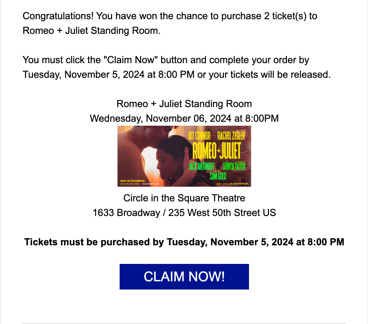 Romeo and Juliet Standing Room Tickets