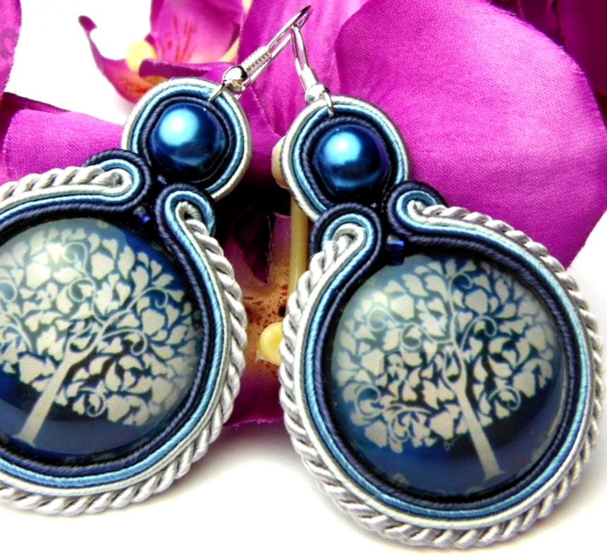 ✨NEW Modern TREE OF LIFE Blue Soutache Beads Cabochon Earrings Silver Hand Made✨