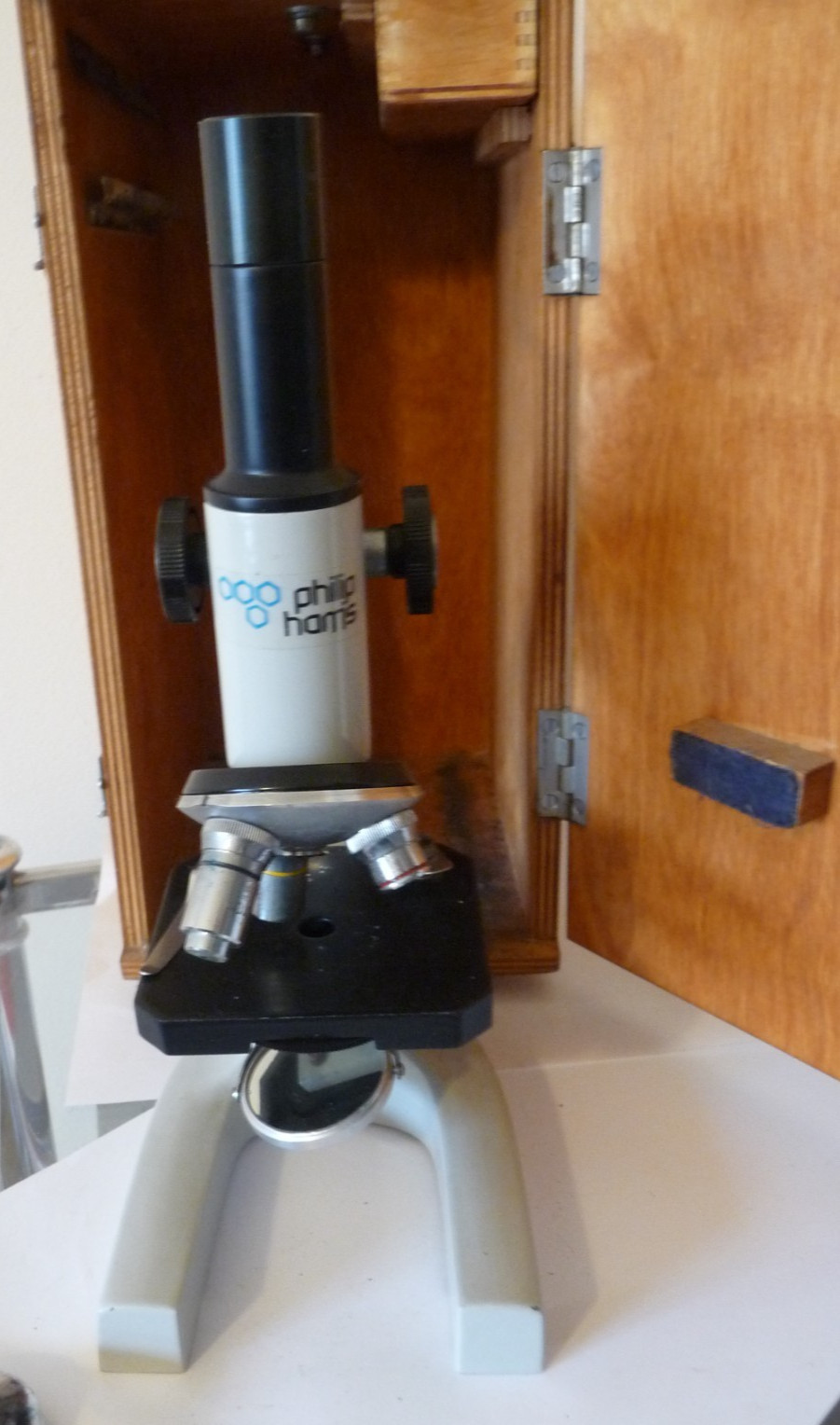 Vintage 1960s Philip Harris 3 Lens Microscope With Wooden Box & Slide Out Drawer