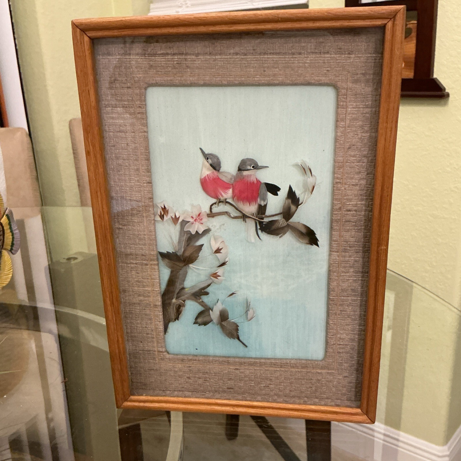 Vtg Framed Mixed Media Feather Art Birds 3D Shadow Box Unique and Beautiful