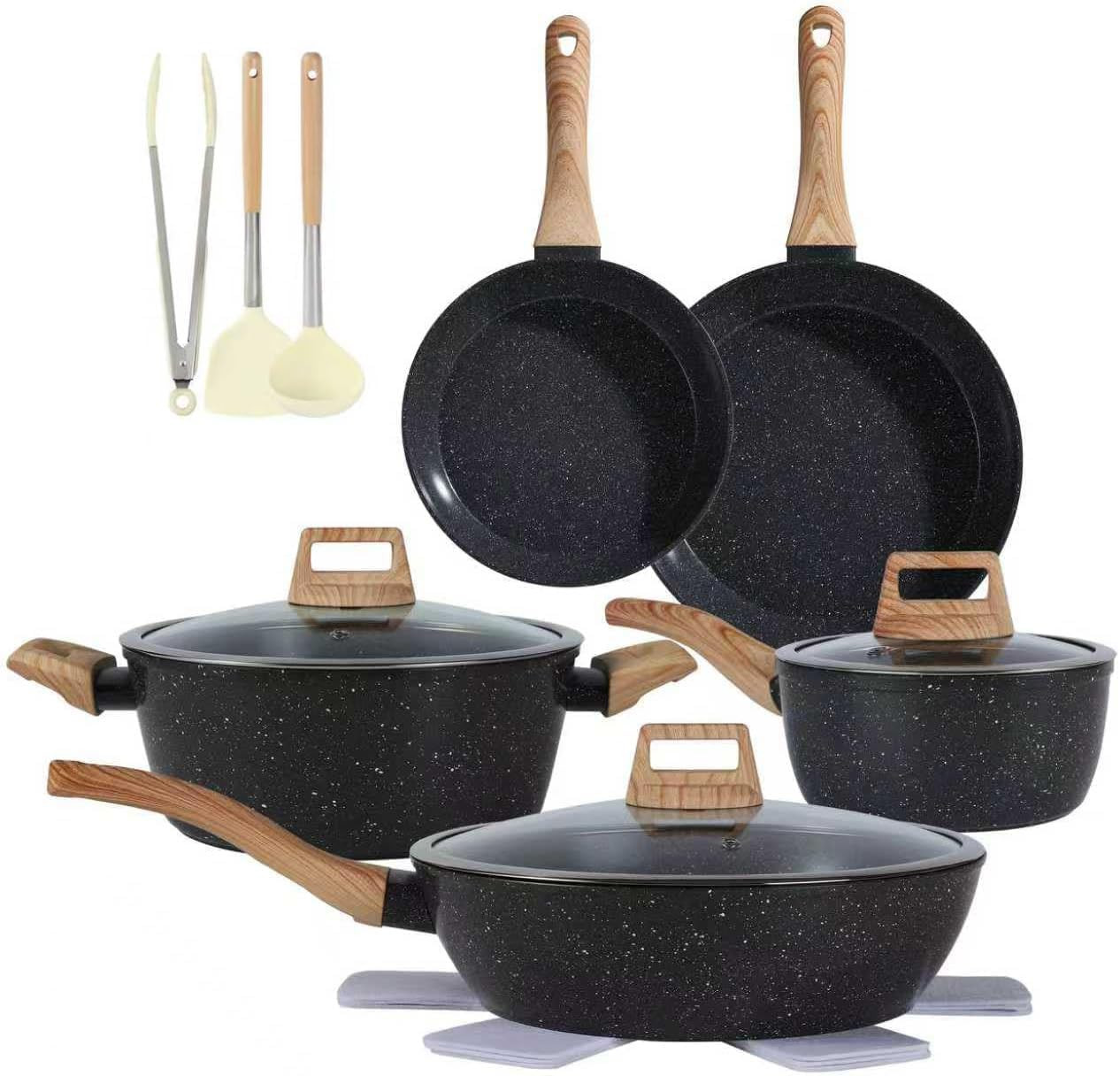 Ceramic Cookware Sets 15PCS Pots and Pans Set Non Stick (Black15)