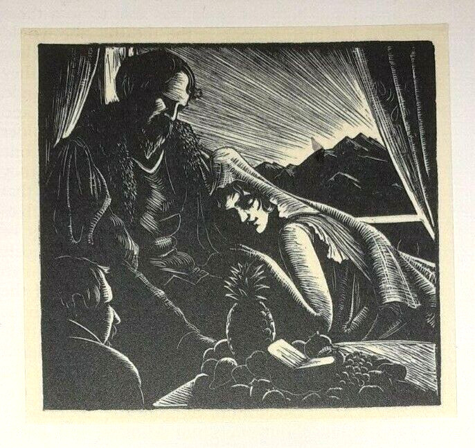 SPANISH LADY IN MANTILLA w FRUIT & MEN -  1927 Woodcut Print By CLARE LEIGHTON