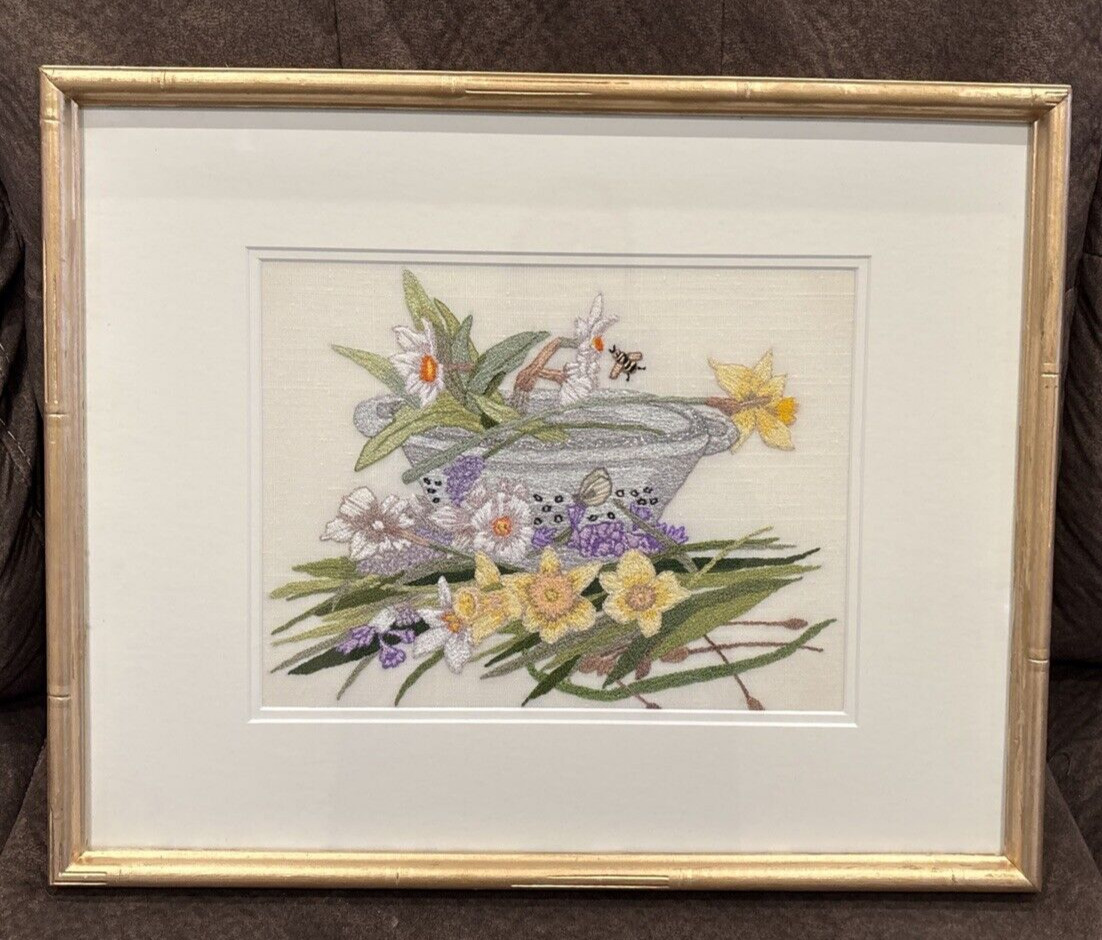 Vtg Needlepoint Embroidered Floral Scene W/ Bumblebee & Butterfly Framed 17"x21.