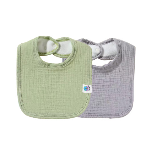 Set of 2 Muslin Drool Bibs 100% Soft Cotton With Backing 1 Green and 1 Gray 