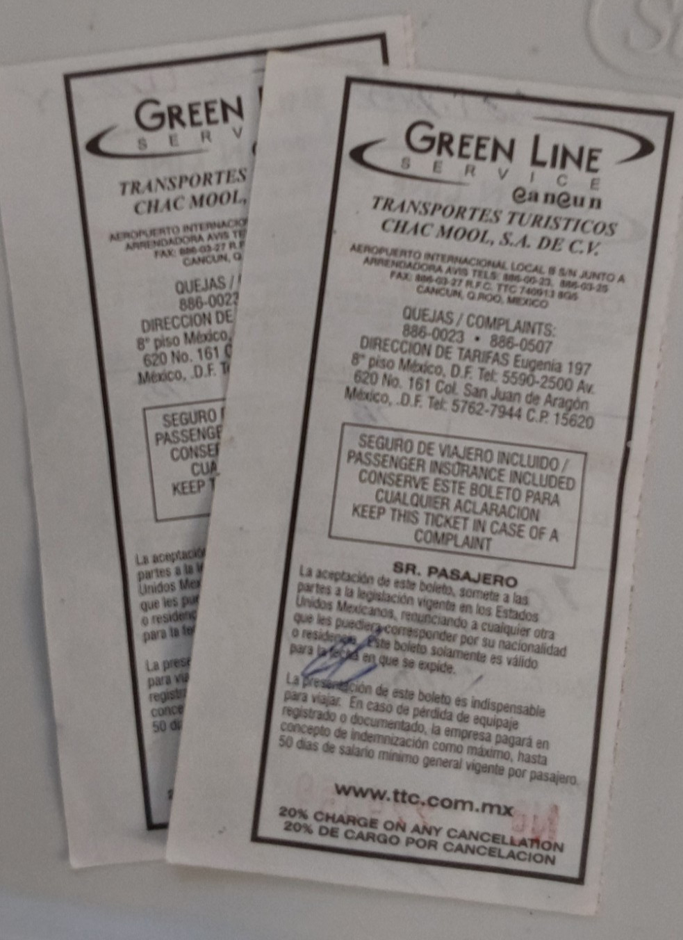 2   2002 USED BUS TICKETS " GREEN LINE " FROM CANCUN AIRPORT TO HOTEL