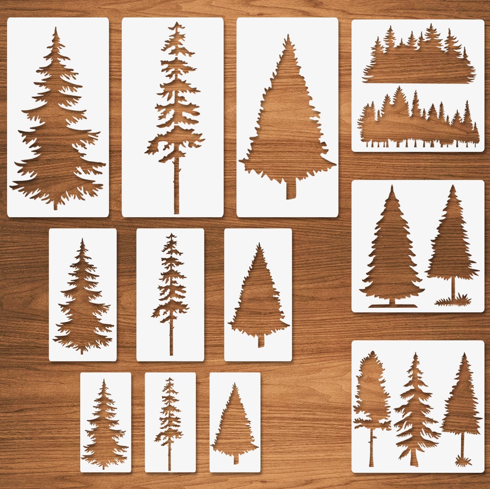 12 Pcs Trees Stencils, Tall Fir Pine Cypress Cedar Christmas translucent 
