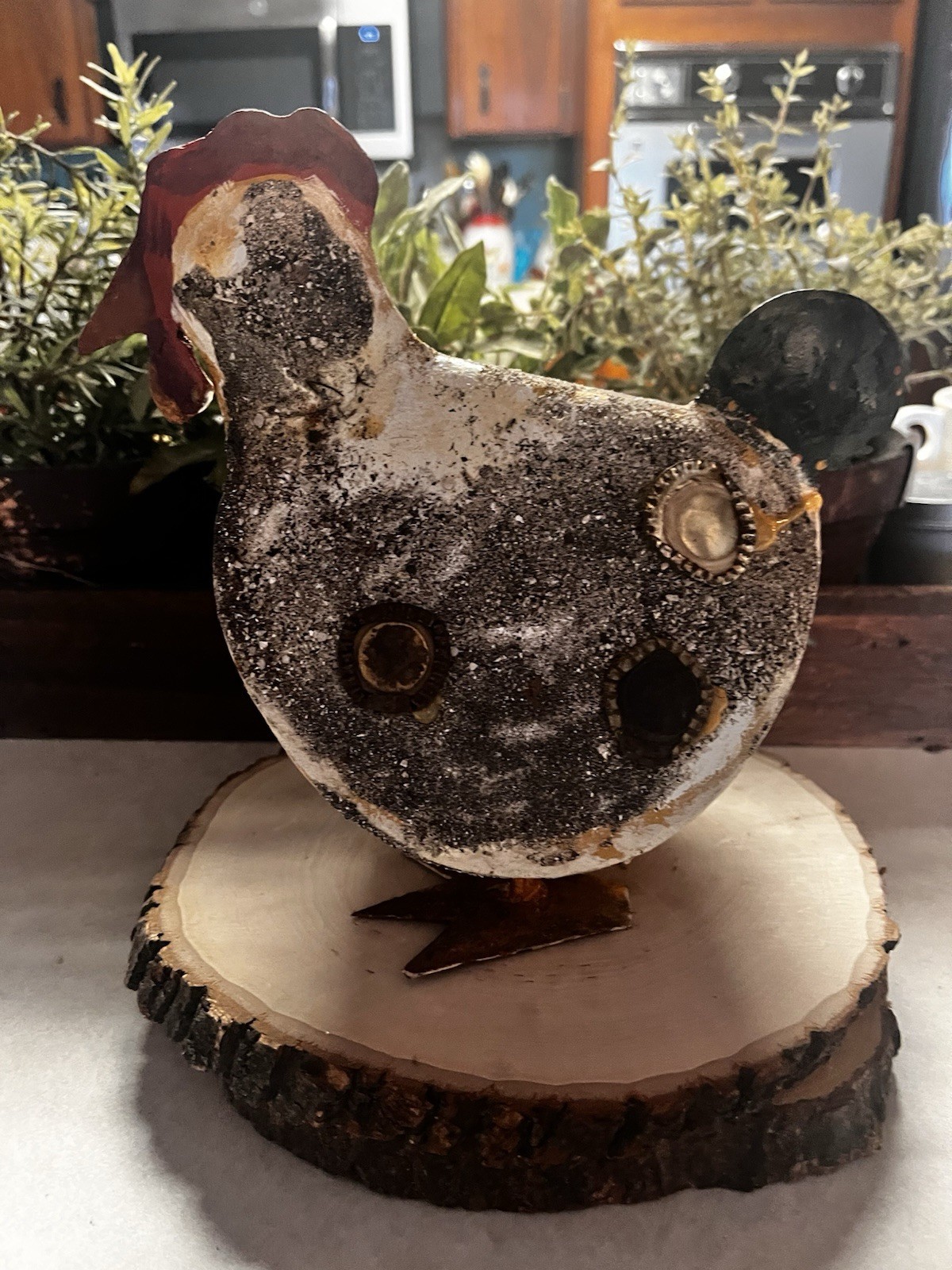 Vtg Metal Folk Art Chicken Hand Crafted 9”x8.75”x5.5” Mixed Media Textured