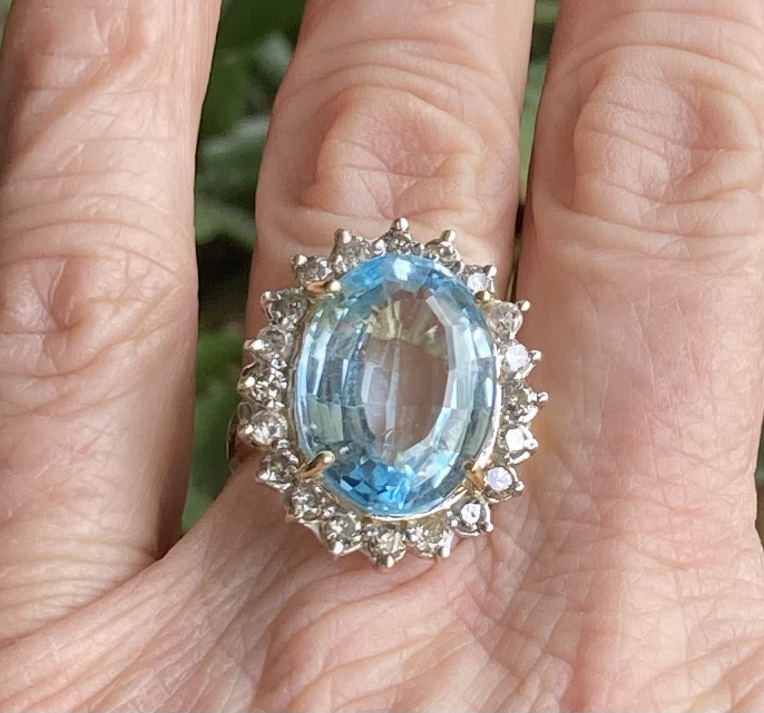 Large 15ct Blue Topaz Diamond Halo Cocktail Ring 14K Gold 1.35ct Diamonds