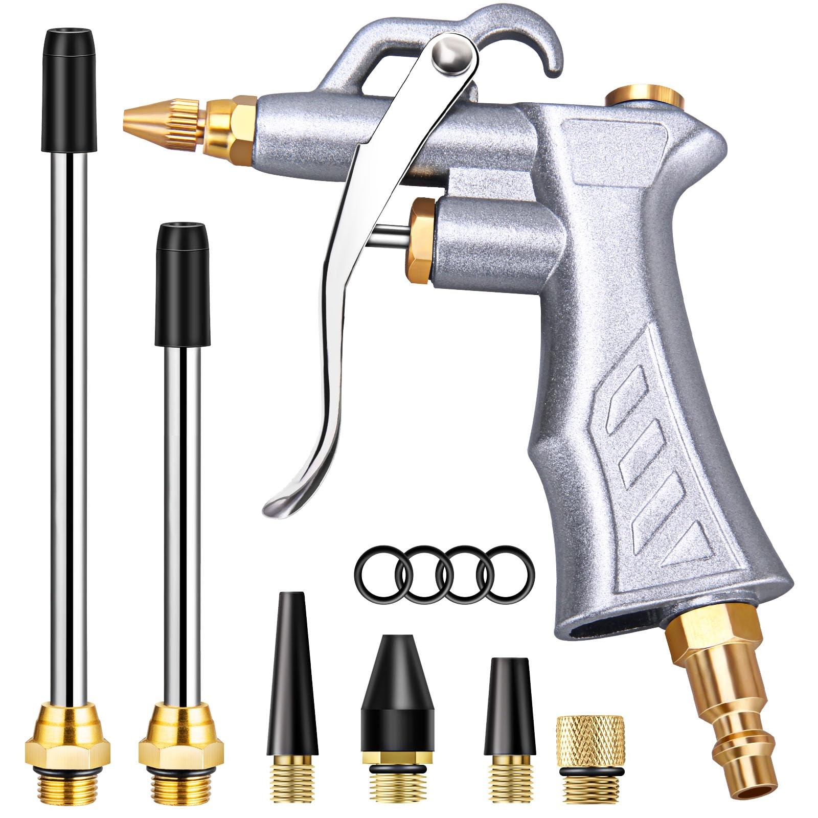 Industrial Air Blow Gun with Brass Adjustable Air Flow Nozzle and 2 Steel Ext...